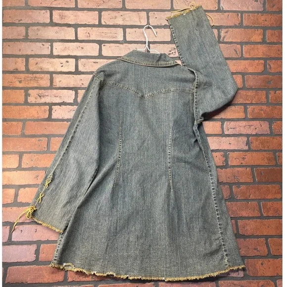 Mwah Jeans Y2K Acid Wash Denim duster Jacket Raw Frayed Edge Cord Leather Lacing - Picture 6 of 11